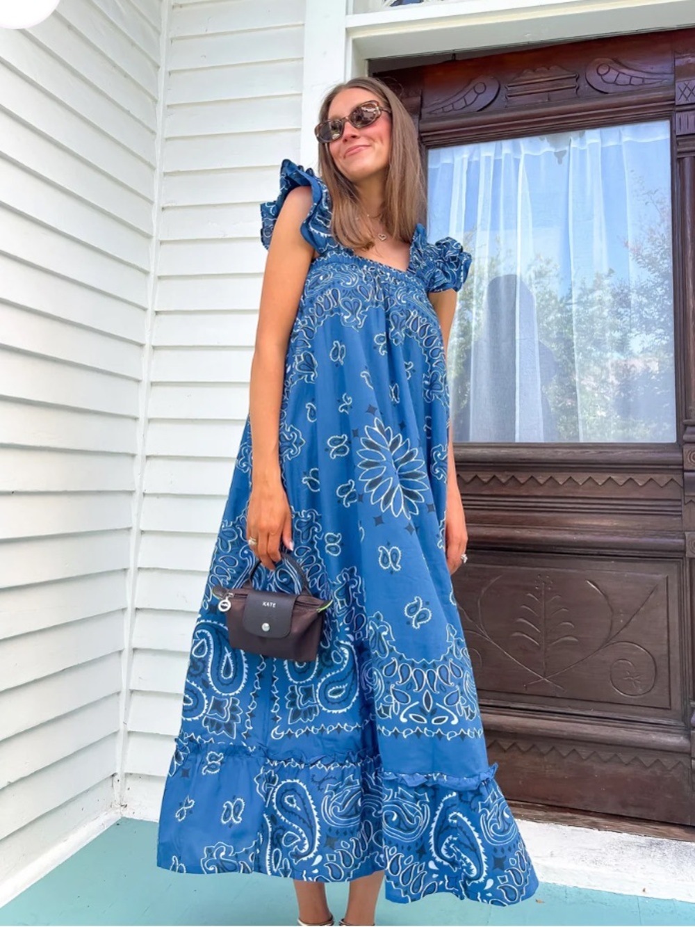 Blue Bandana-Print Maxi Dress with Ruffle Straps